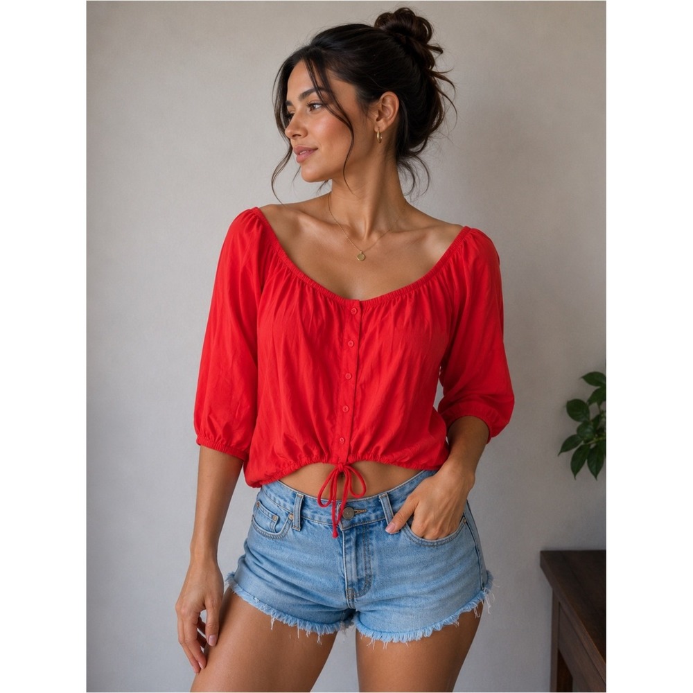Urban Heritage Red Crop Top Button Front 3/4 Sleeve Tie Waist Size S